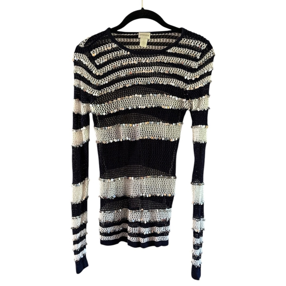 Chicos Women’s Embellished Lightweight Woven Sweater Black&White Silver Sequins